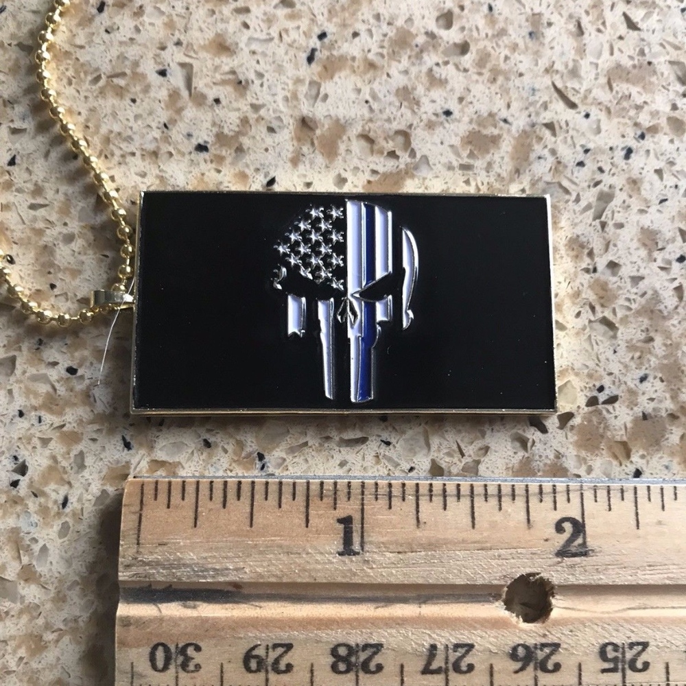 Thin Blue Line Punisher American Flag Police Pendant Necklace 28” Chain NEW
